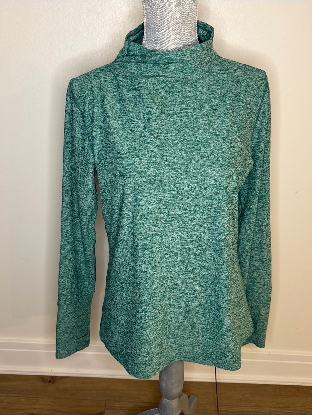 oiselle Teal Heathered Long-Sleeve Mock Neck Top, stretchy ,12